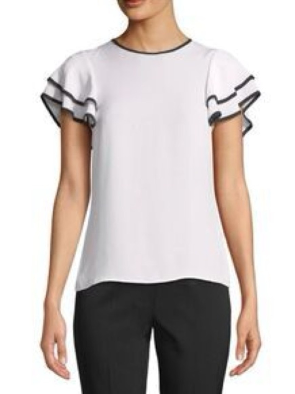 ANNE FONTAINE CEDRINE Blouse White Sleeveless Ruffle Sleeve Top Black Trim Sz 40